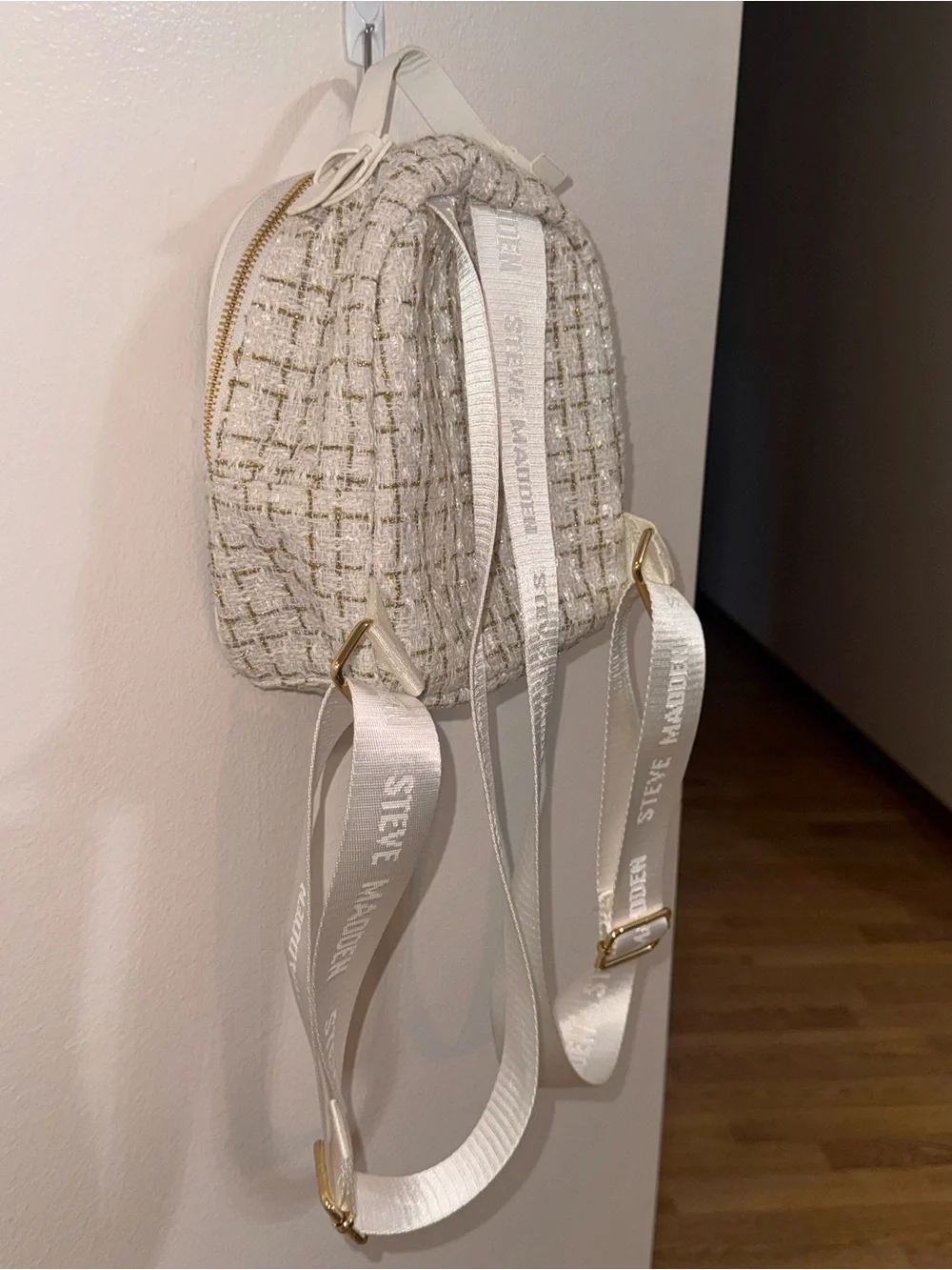 Steve Madden Mini Tweed Backpack White Gold Metallic Bag